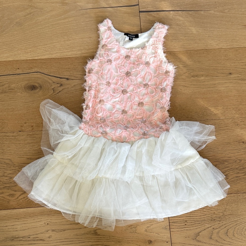 Zunie Floral Pink and White Kids spring Easter Dress 7 NWT
